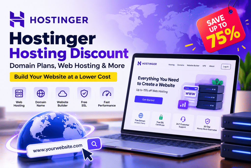 Hostinger hosting discount and domain plans promotional featured image